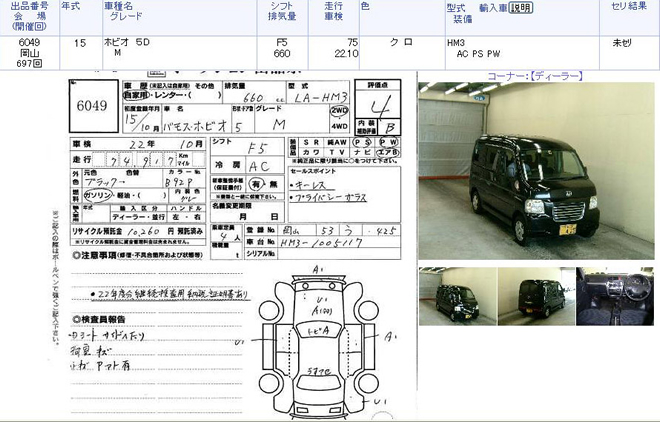 オークションの出品票には、車の外装の傷や修理